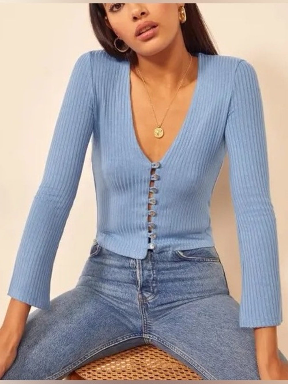 Reformation Top - Gellar Blouse Bell Sleeve- Parisian Blue - Women’s Size Medium